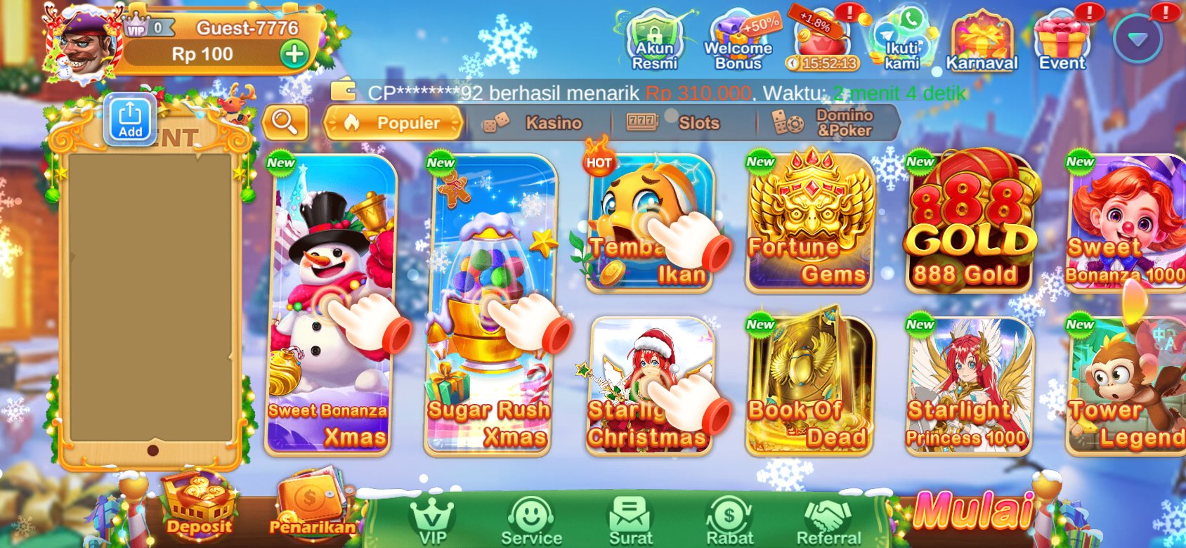 Permainan slot populer seperti Sweet Bonanza Xmas dan Starlig Christmas di Y89 Slot APK.