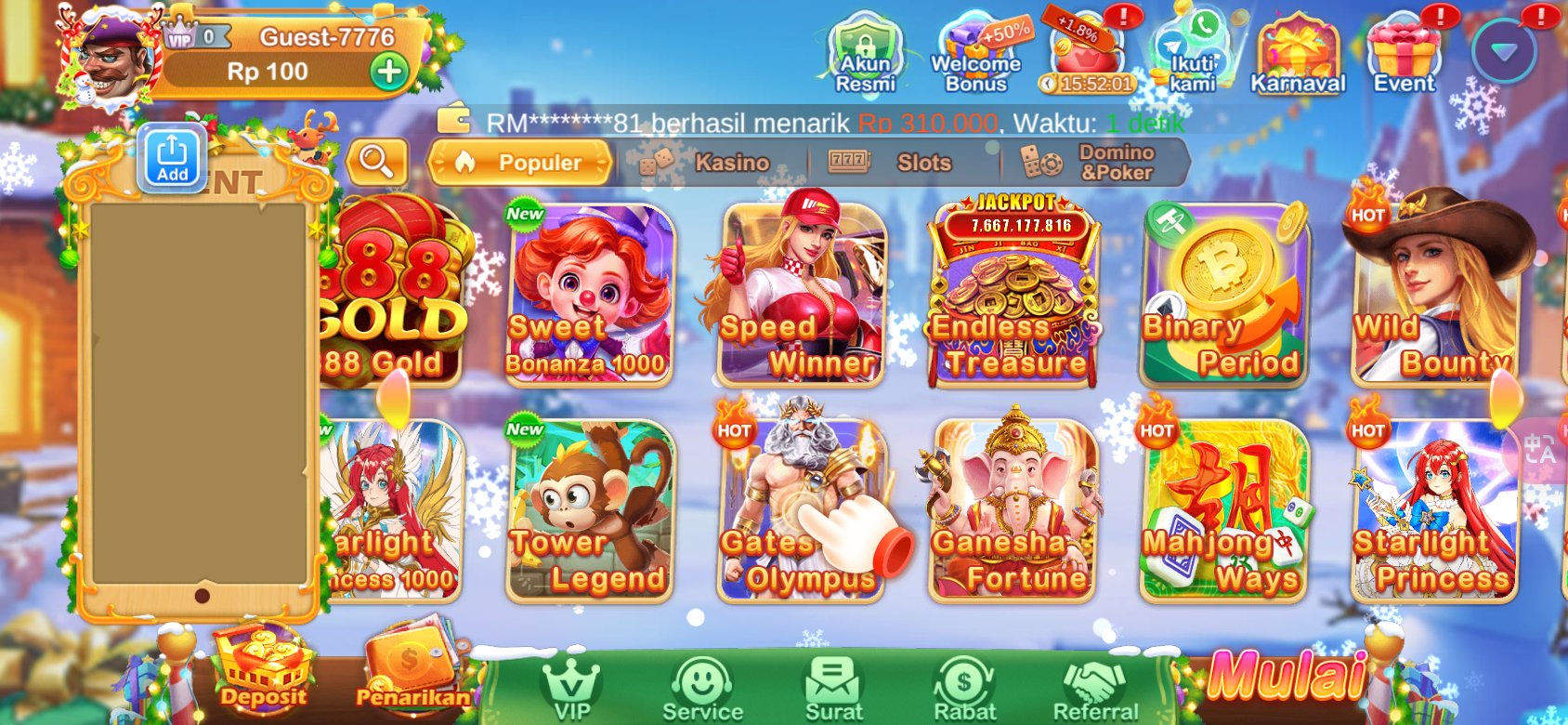 Daftar permainan slot dengan jackpot besar di Y89 Slot APK, termasuk Gates of Olympus.